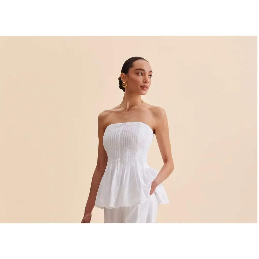 NWT Commense Cotton Pleated Strapless Peplum Top Sz L - Picture 3 of 6